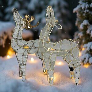 Set of two Buck Raindeer Figurines White Seaglass and Gold Tone Frame 11-1/2"